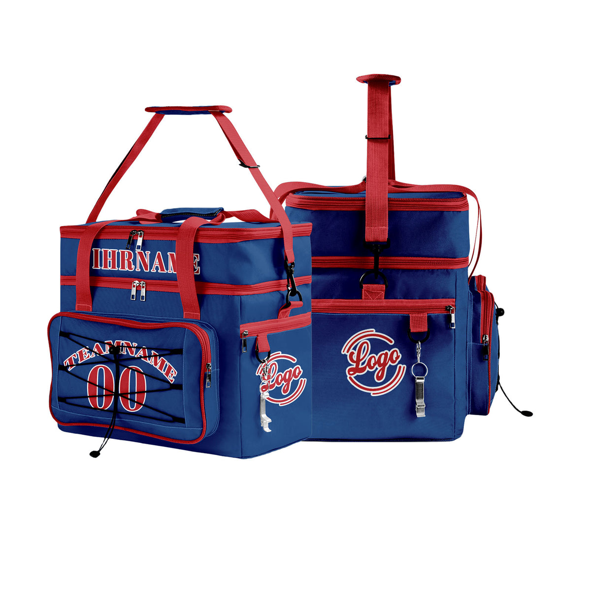 Maßgeschickerte Blau Rot vollflächig bedruckte isolierte Kühltasche mit Doppelwand Wasserdichte 600D Oxford Picknick-Tragetasche für Teamevents & Outdoor-Grillen
