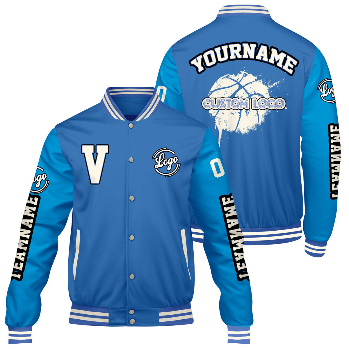 Maßgeschneiderte Hellblau Lichtblau Letterman Varsity Jacket Individuelle Stickerei Druck nach Ihrem Wunsch