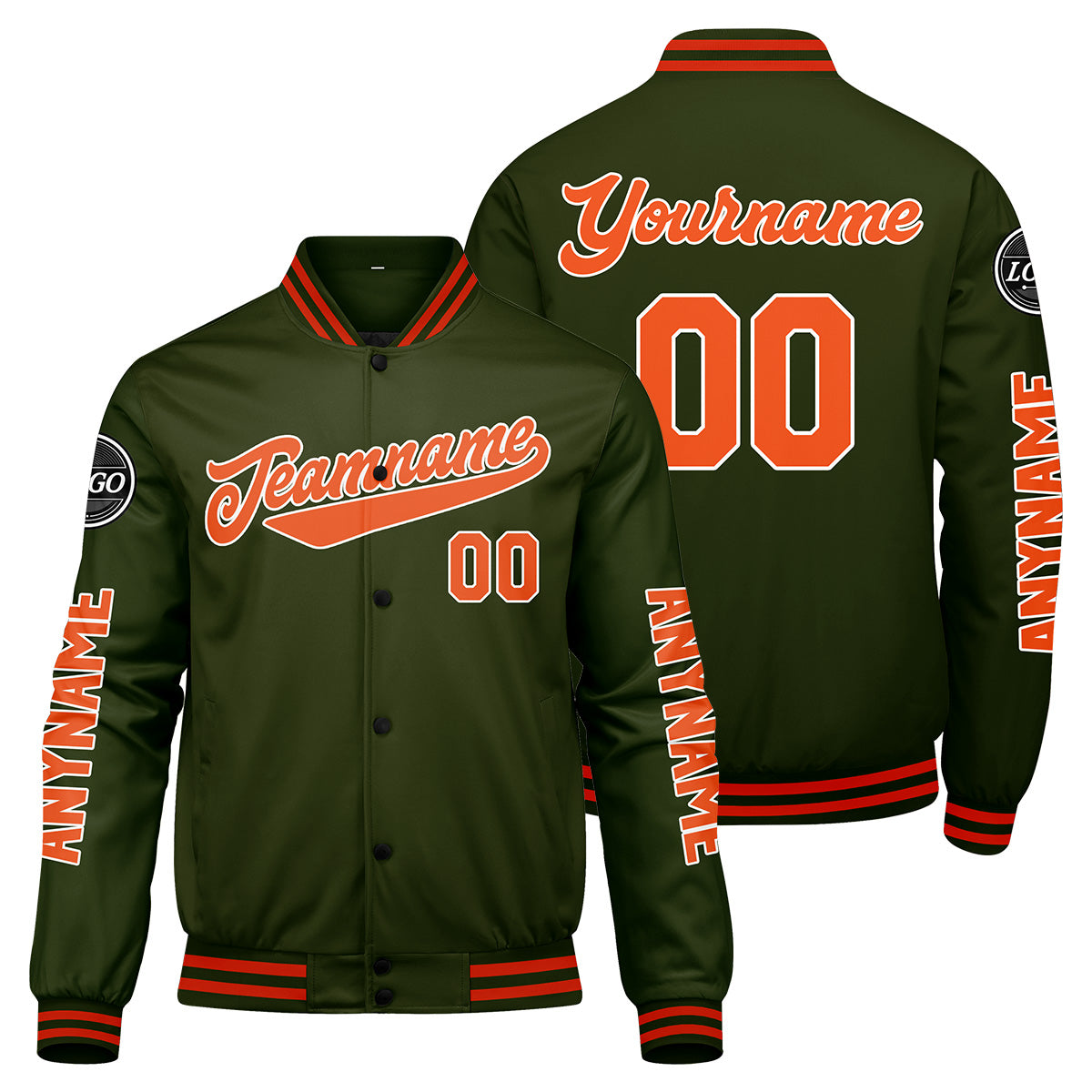 Maßgeschneiderte Olivengrün Orange Letterman Varsity Jacket Individuelle Stickerei Druck nach Ihrem Wunsch