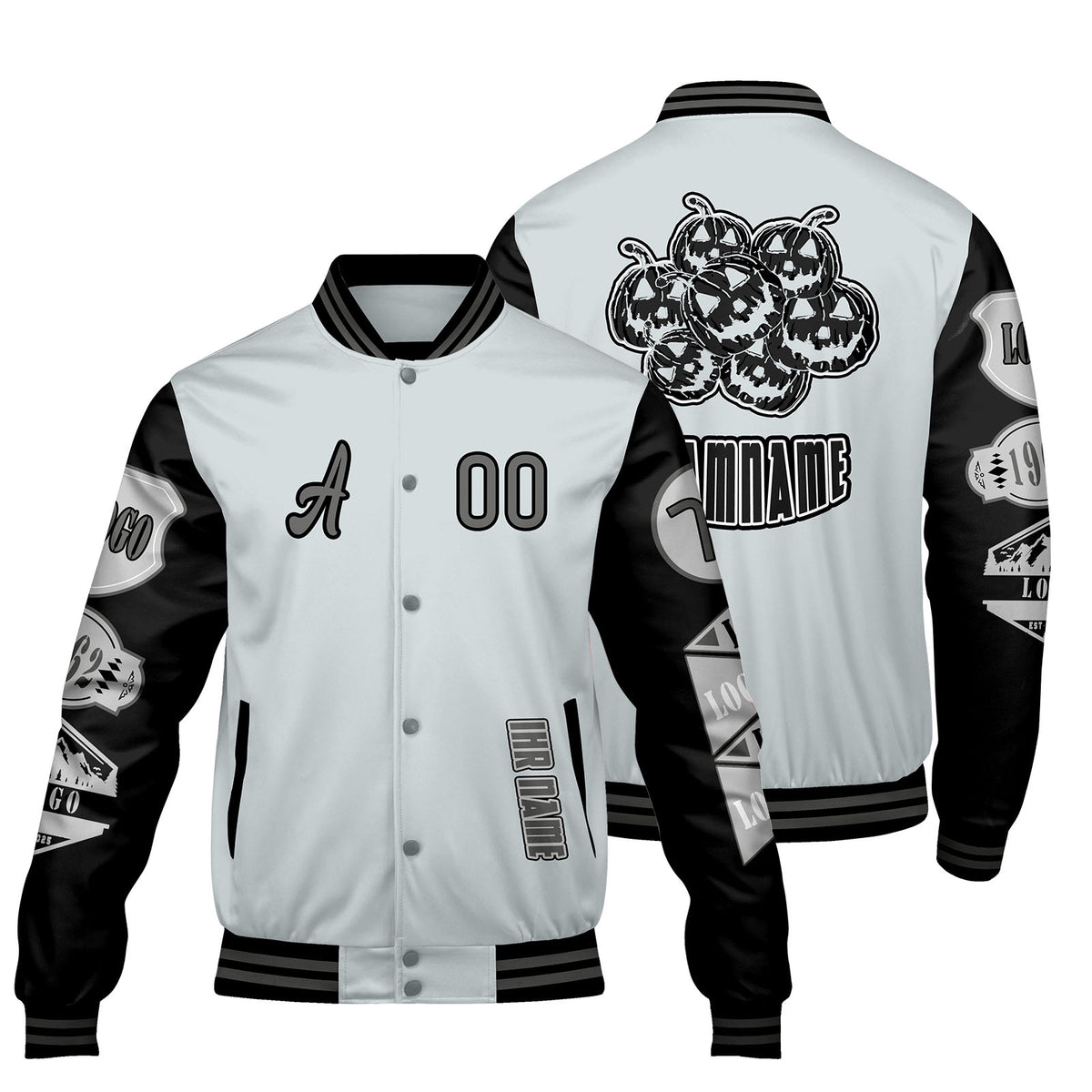 Maßgeschneiderte Grau Schwarz Letterman Varsity Jacket Individuelle Stickerei  Druck nach Ihrem Wunsch