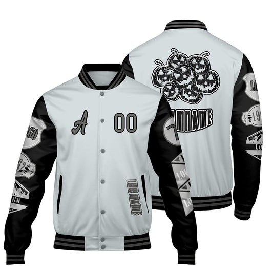 Maßgeschneiderte Grau Schwarz Letterman Varsity Jacket Individuelle Stickerei  Druck nach Ihrem Wunsch