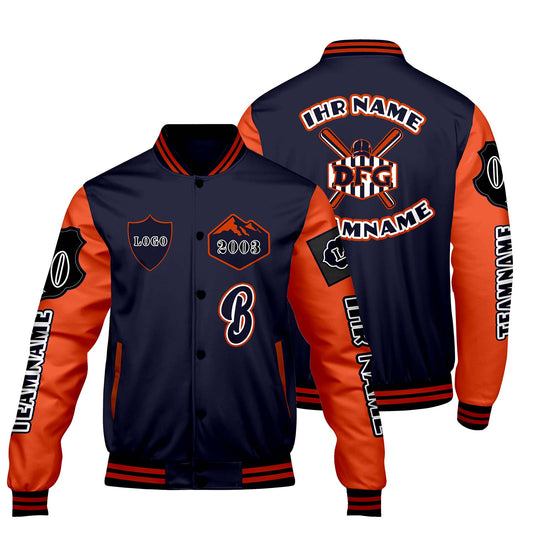 Maßgeschneiderte Marine Orange Letterman Varsity Jacket Individuelle Stickerei  Druck nach Ihrem Wunsch