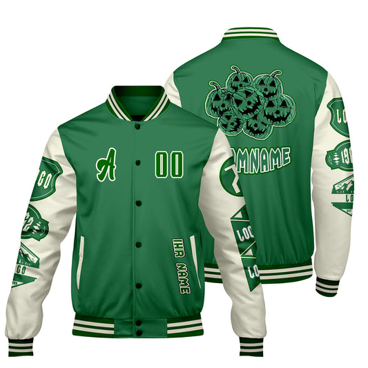 Maßgeschneiderte Grün Weiß Letterman Varsity Jacket Individuelle Stickerei  Druck nach Ihrem Wunsch