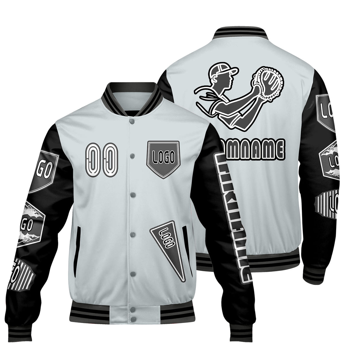 Maßgeschneiderte Grau Schwarz Letterman Varsity Jacket Individuelle Stickerei  Druck nach Ihrem Wunsch