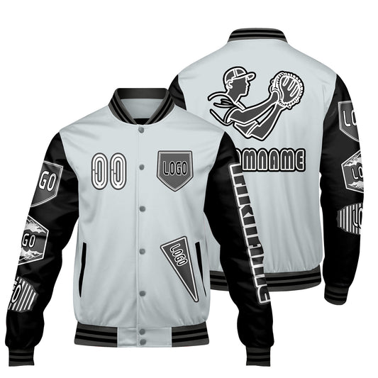 Maßgeschneiderte Grau Schwarz Letterman Varsity Jacket Individuelle Stickerei  Druck nach Ihrem Wunsch