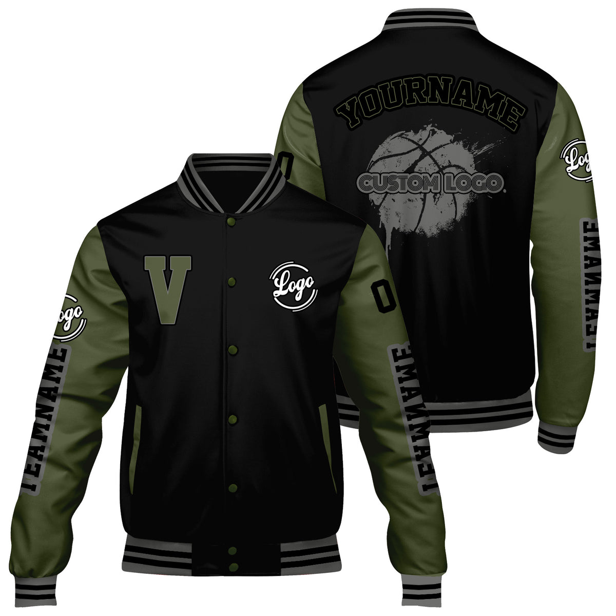 Maßgeschneiderte Schwarz Olivengrün Letterman Varsity Jacket Individuelle Stickerei Druck nach Ihrem Wunsch