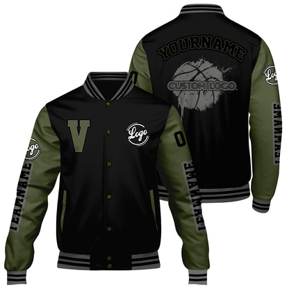 Maßgeschneiderte Schwarz Olivengrün Letterman Varsity Jacket Individuelle Stickerei Druck nach Ihrem Wunsch