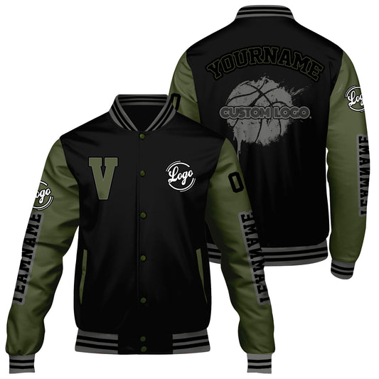 Maßgeschneiderte Schwarz Olivengrün Letterman Varsity Jacket Individuelle Stickerei Druck nach Ihrem Wunsch
