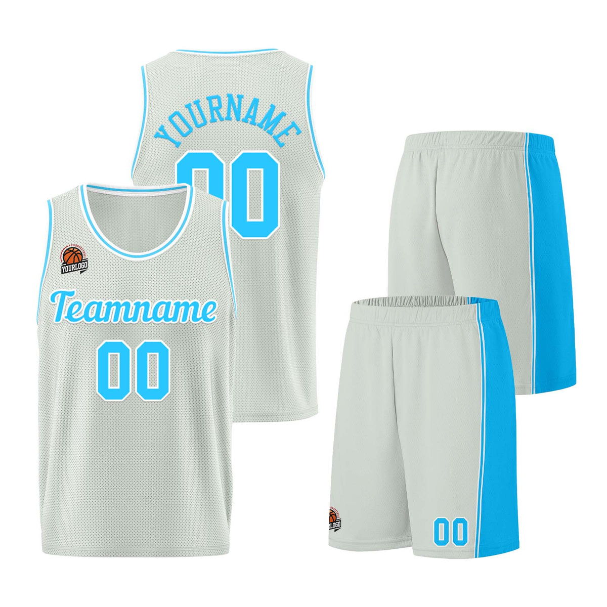 Individuelle Grau-Hellblau Basketball Jersey Shorts für Männer und Frauen Gestickter und gedruckter Name, Nummer und Logo