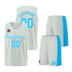 Individuelle Grau-Hellblau Basketball Jersey Shorts für Männer und Frauen Gestickter und gedruckter Name, Nummer und Logo