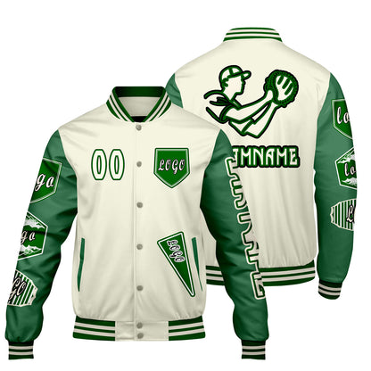 Maßgeschneiderte Weiß Grün Letterman Varsity Jacket Individuelle Stickerei  Druck nach Ihrem Wunsch