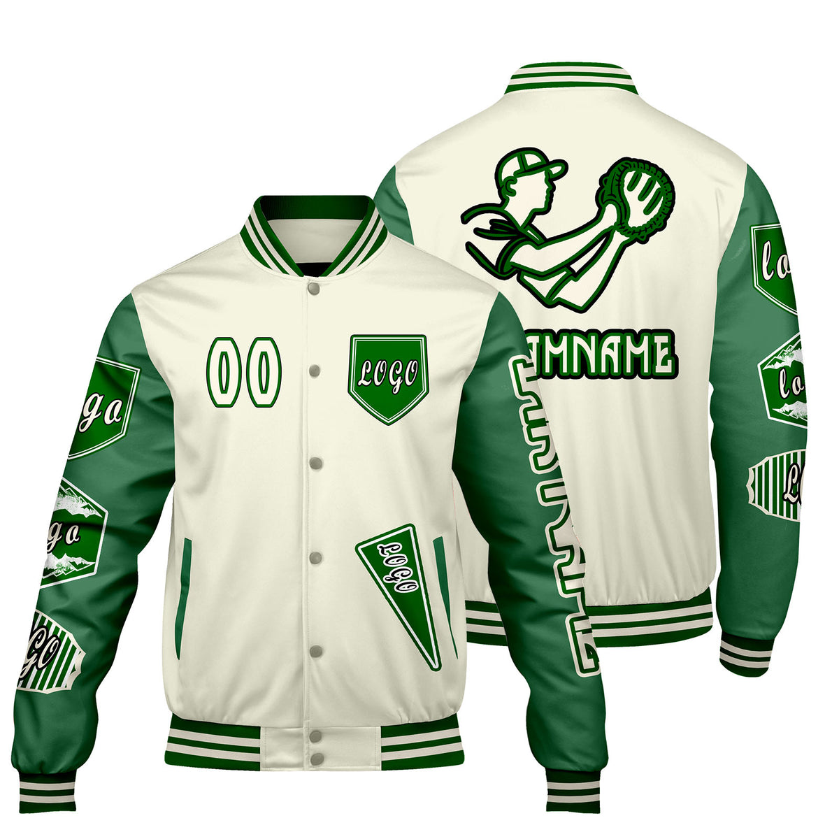 Maßgeschneiderte Weiß Grün Letterman Varsity Jacket Individuelle Stickerei  Druck nach Ihrem Wunsch
