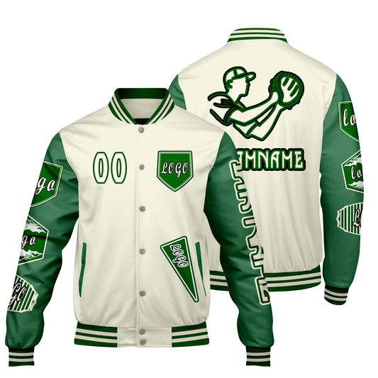 Maßgeschneiderte Weiß Grün Letterman Varsity Jacket Individuelle Stickerei  Druck nach Ihrem Wunsch