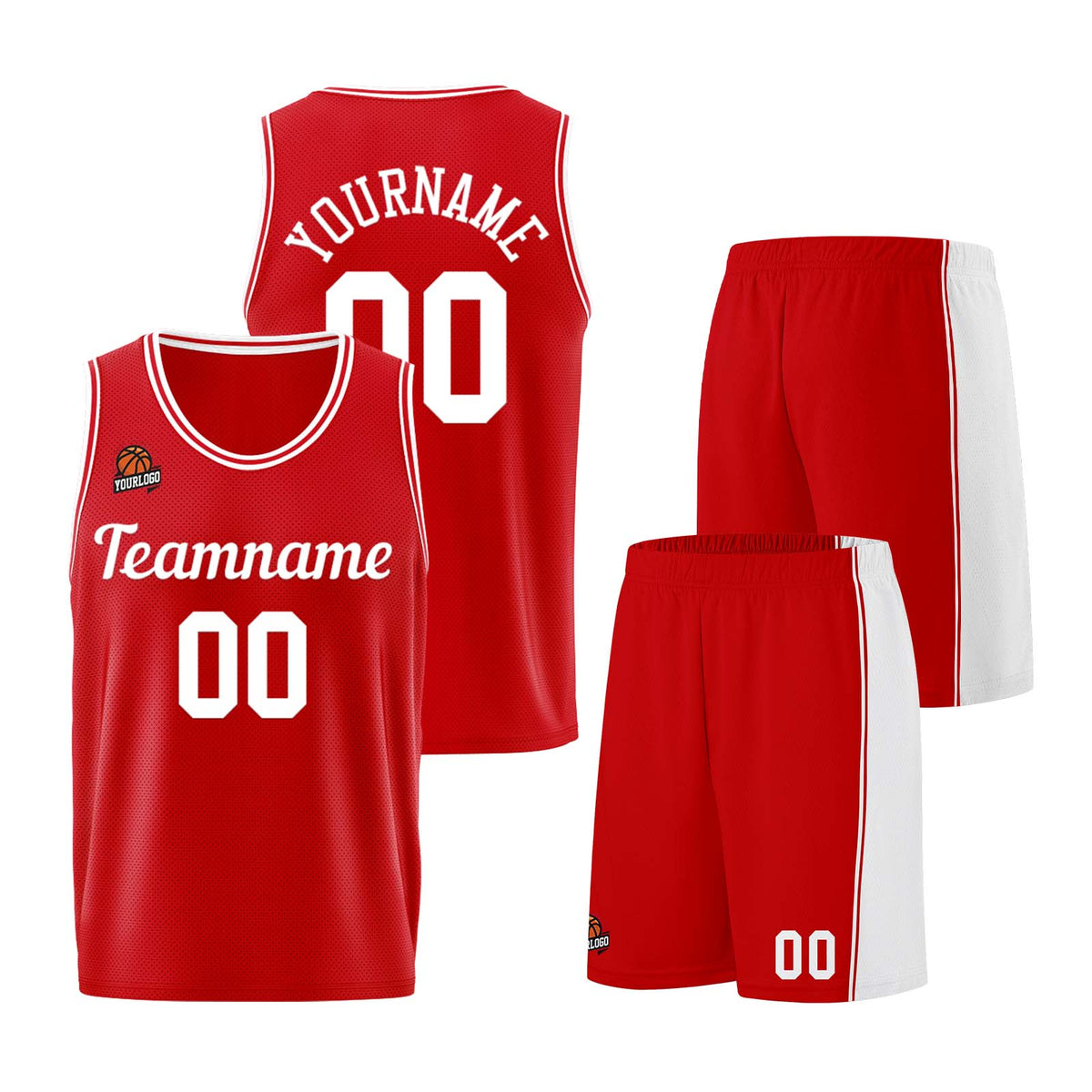 Individuelle Rot Weiß Basketball Jersey Shorts für Männer und Frauen Gestickter und gedruckter Name, Nummer und Logo