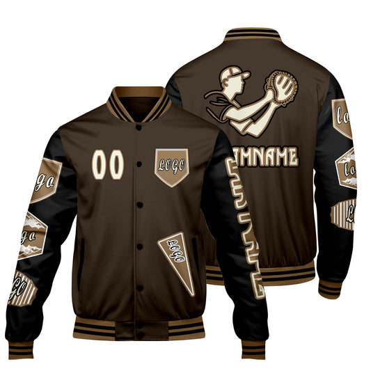Maßgeschneiderte Braun Schwarz Letterman Varsity Jacket Individuelle Stickerei  Druck nach Ihrem Wunsch