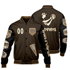 Maßgeschneiderte Braun Schwarz Letterman Varsity Jacket Individuelle Stickerei  Druck nach Ihrem Wunsch