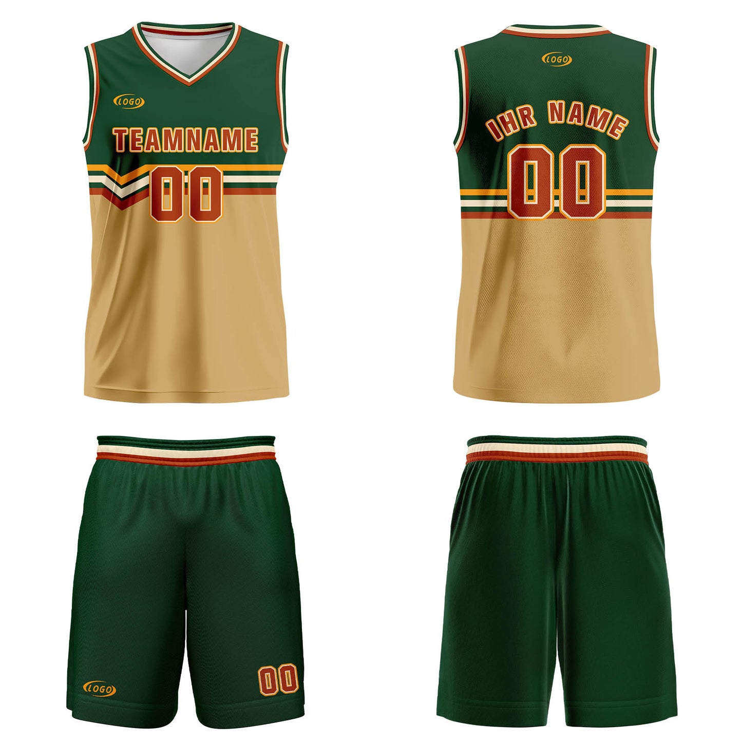 Benutzerdefinierter Grün Hellbraun Rot Gelb Basketball Jersey Uniform Anzug gedruckt Ihr Logo Name Nummer