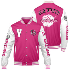 Maßgeschneiderte Rosa Weiß Letterman Varsity Jacket Individuelle Stickerei Druck nach Ihrem Wunsch