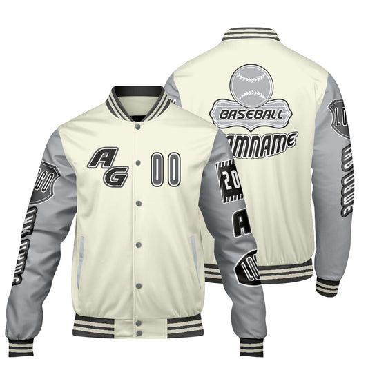 Maßgeschneiderte Grau Weiß Letterman Varsity Jacket Individuelle Stickerei  Druck nach Ihrem Wunsch