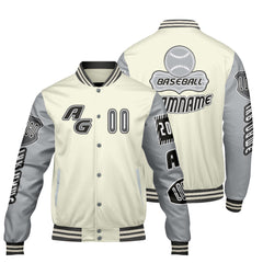 Maßgeschneiderte Grau Weiß Letterman Varsity Jacket Individuelle Stickerei  Druck nach Ihrem Wunsch