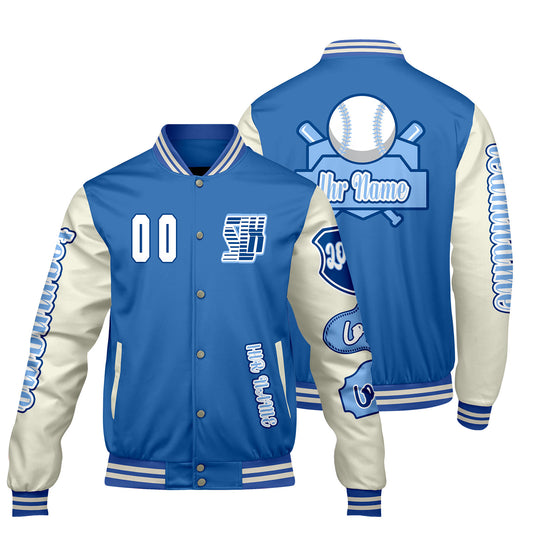 Maßgeschneiderte Blau Weiß Letterman Varsity Jacket Individuelle Stickerei  Druck nach Ihrem Wunsch