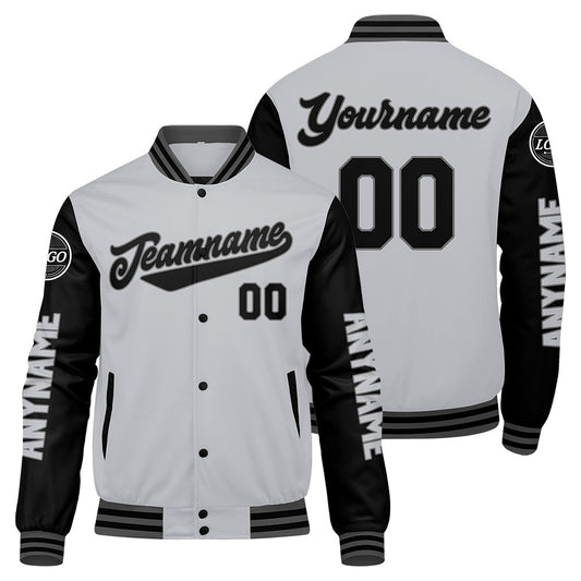 Maßgeschneiderte Grau Schwarz Letterman Varsity Jacket Individuelle Stickerei Druck nach Ihrem Wunsch
