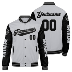 Maßgeschneiderte Grau Schwarz Letterman Varsity Jacket Individuelle Stickerei Druck nach Ihrem Wunsch