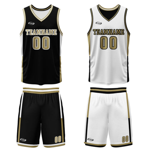 Benutzerdefinierte Schwarz Weiß Gold Reversible Basketball Jersey Personalisierte Drucken Name Nummer Logo
