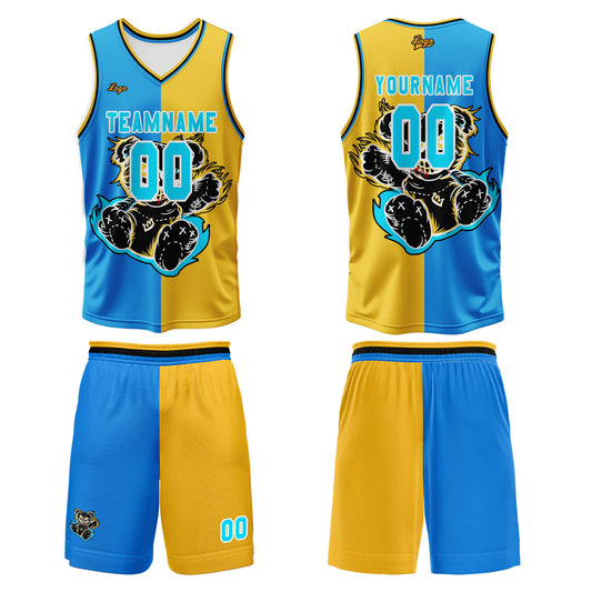 Benutzerdefinierter Blau Gelb Basketball Jersey Uniform Anzug gedruckt Ihr Logo Name Nummer