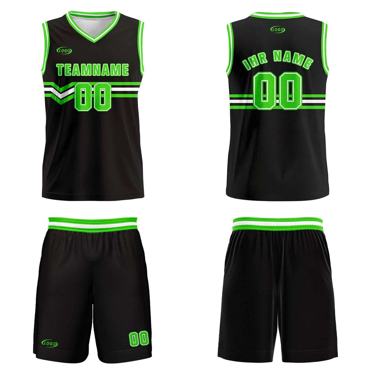 Benutzerdefinierter Schwarz Hellgrün Weiß Basketball Jersey Uniform Anzug gedruckt Ihr Logo Name Nummer