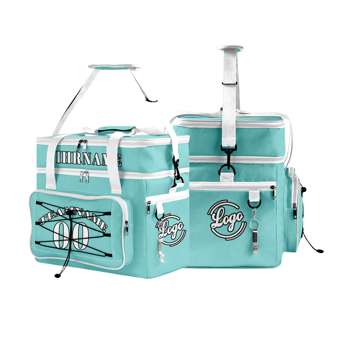 Maßgeschickerte Cyan Weiß vollflächig bedruckte isolierte Kühltasche mit Doppelwand Wasserdichte 600D Oxford Picknick-Tragetasche für Teamevents & Outdoor-Grillen