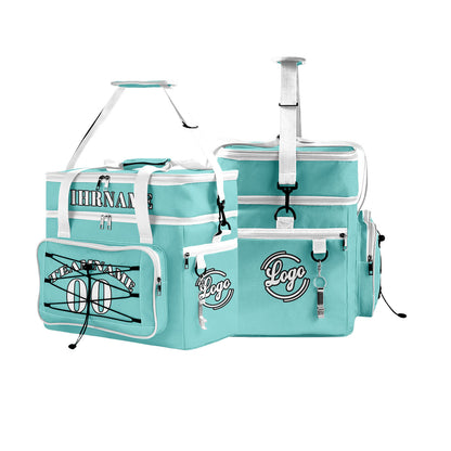 Maßgeschickerte Cyan Weiß vollflächig bedruckte isolierte Kühltasche mit Doppelwand Wasserdichte 600D Oxford Picknick-Tragetasche für Teamevents & Outdoor-Grillen