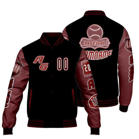 Maßgeschneiderte Schwarz Rot Letterman Varsity Jacket Individuelle Stickerei  Druck nach Ihrem Wunsch