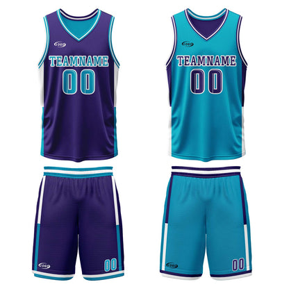 Benutzerdefinierte Lila Cyan Reversible Basketball Jersey Personalisierte Drucken Name Nummer Logo