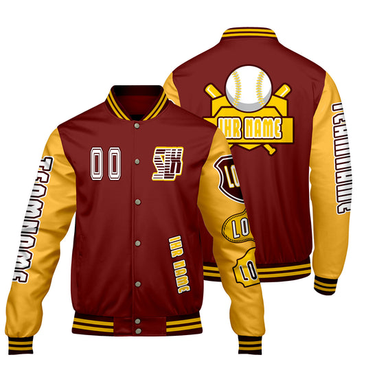 Maßgeschneiderte Rot Gelb Letterman Varsity Jacket Individuelle Stickerei  Druck nach Ihrem Wunsch