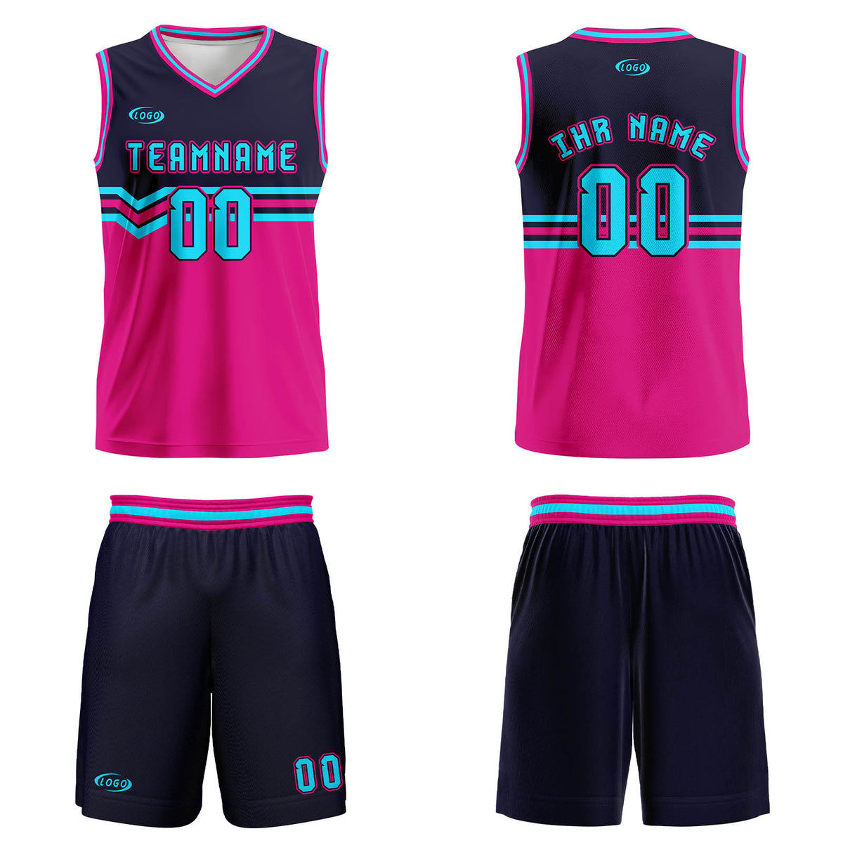 Benutzerdefinierter Marineblau Himbeer Hellblau Basketball Jersey Uniform Anzug gedruckt Ihr Logo Name Nummer