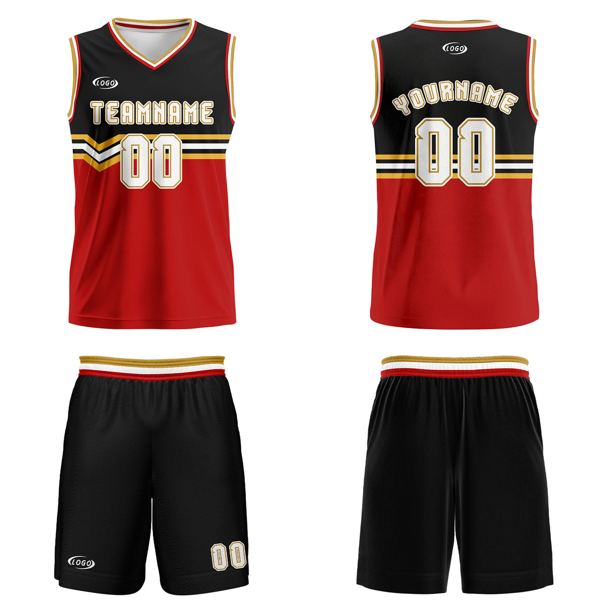 Benutzerdefinierter Schwarz Rot Gold Weiß Basketball Jersey Uniform Anzug gedruckt Ihr Logo Name Nummer