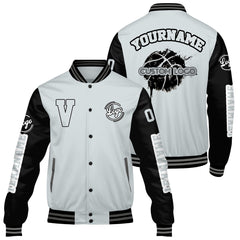 Maßgeschneiderte Grau Schwarz Letterman Varsity Jacket Individuelle Stickerei Druck nach Ihrem Wunsch