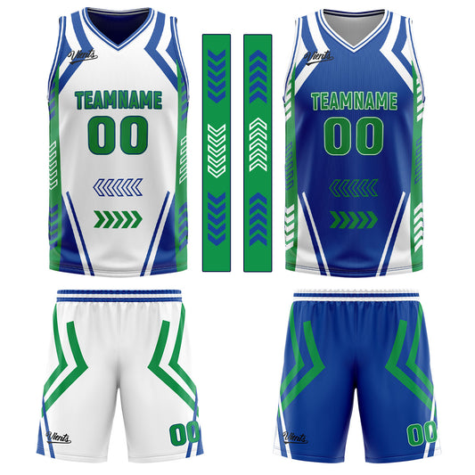 Benutzerdefinierte Weiß Blau Grün Reversible Basketball Jersey Personalisierte Drucken Name Nummer Logo