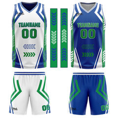 Benutzerdefinierte Weiß Blau Grün Reversible Basketball Jersey Personalisierte Drucken Name Nummer Logo