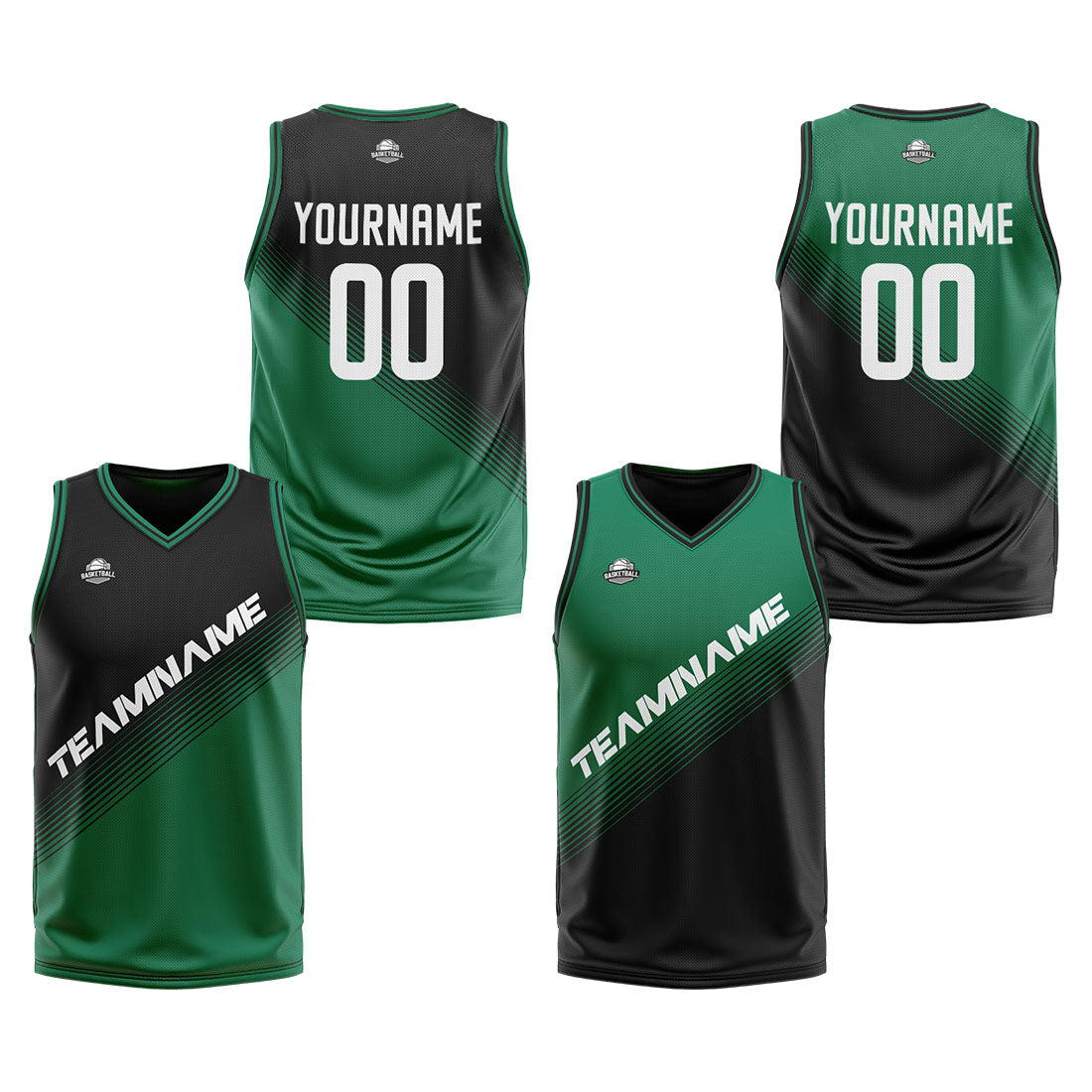 Benutzerdefinierte Schwarz Grün Reversible Basketball Jersey Personalisierte Print Name Nummer Logo