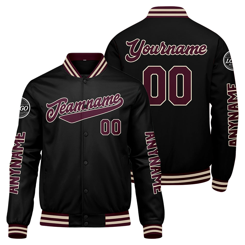 Maßgeschneiderte Braun Schwarz Letterman Varsity Jacket Individuelle Stickerei Druck nach Ihrem Wunsch