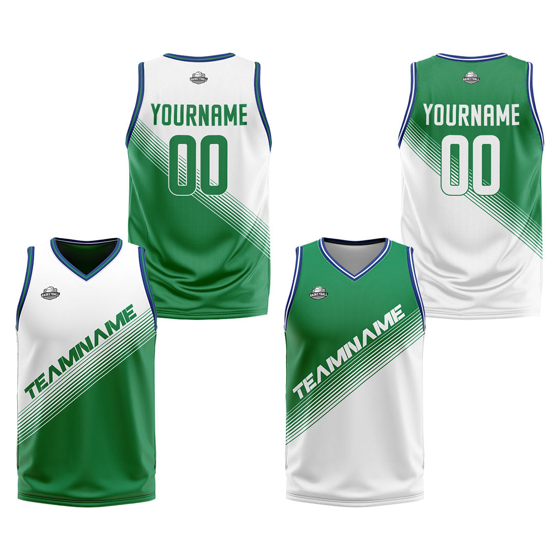 Benutzerdefinierte Weiß Grün Reversible Basketball Jersey Personalisierte Print Name Nummer Logo