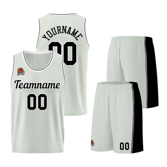 Individuelle Grau-Schwarz Basketball Jersey Shorts für Männer und Frauen Gestickter und gedruckter Name, Nummer und Logo