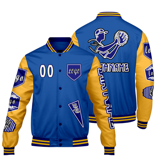 Maßgeschneiderte Blau Gelb Letterman Varsity Jacket Individuelle Stickerei  Druck nach Ihrem Wunsch