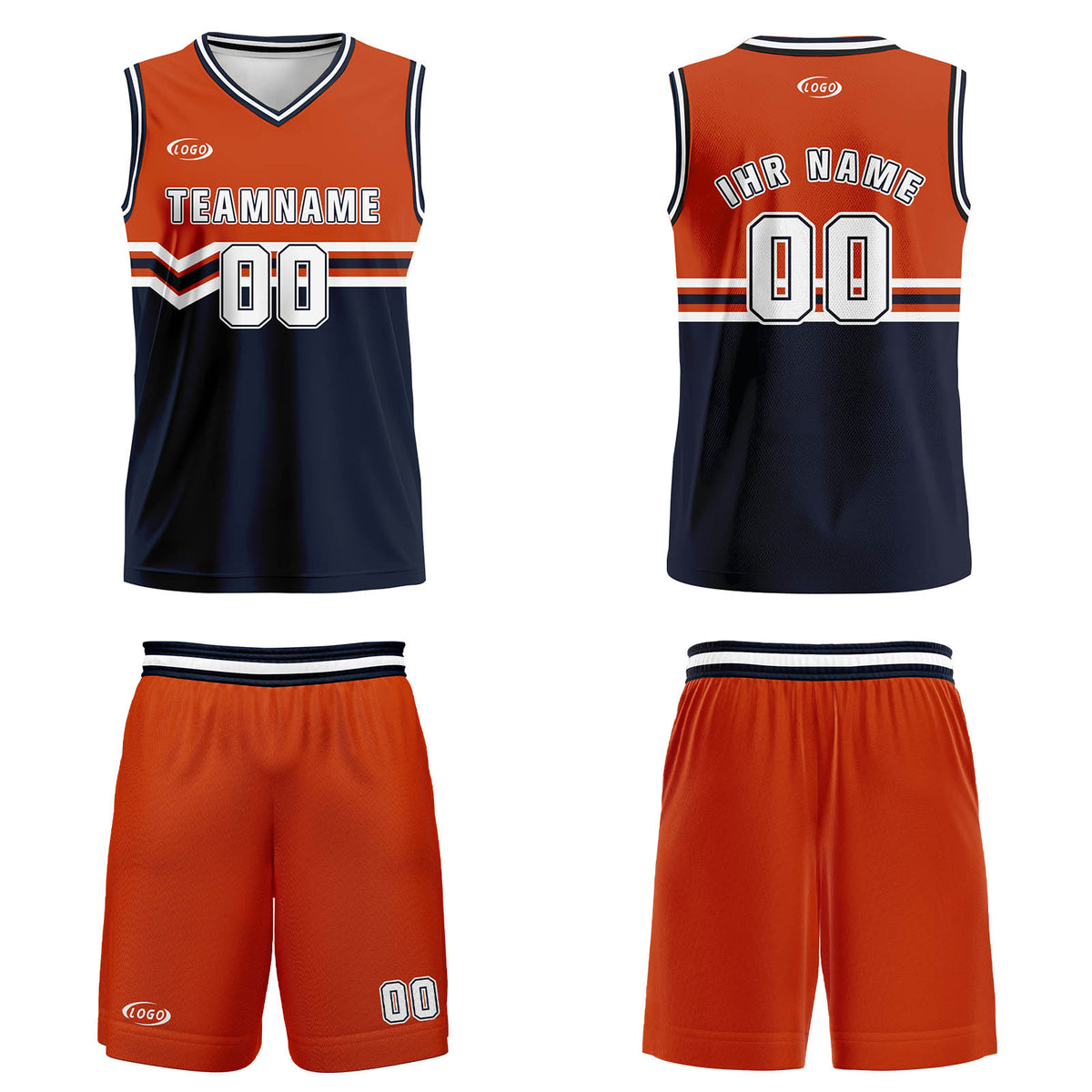 Benutzerdefinierter Orange Marineblau Weiß Basketball Jersey Uniform Anzug gedruckt Ihr Logo Name Nummer