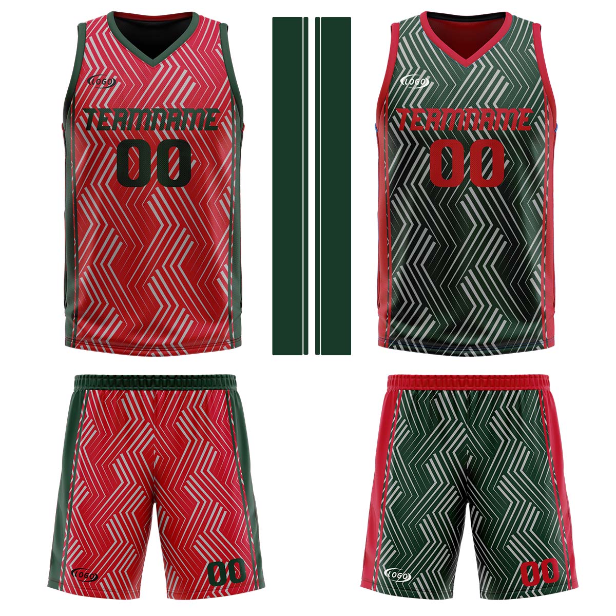 Benutzerdefinierte Rot Grün Reversible Basketball Jersey Personalisierte Drucken Name Nummer Logo