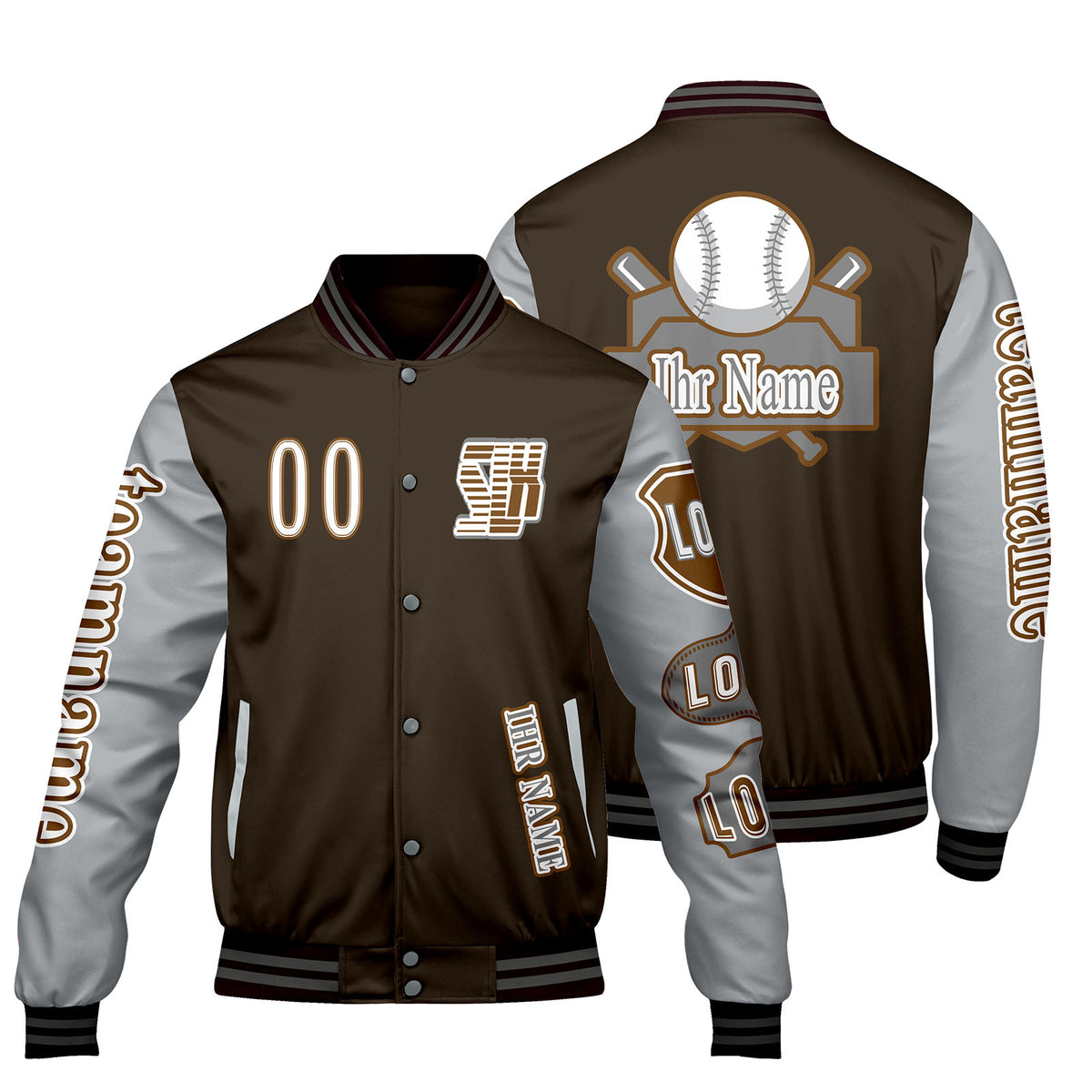 Maßgeschneiderte Braun Grau Letterman Varsity Jacket Individuelle Stickerei  Druck nach Ihrem Wunsch