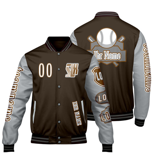 Maßgeschneiderte Braun Grau Letterman Varsity Jacket Individuelle Stickerei  Druck nach Ihrem Wunsch