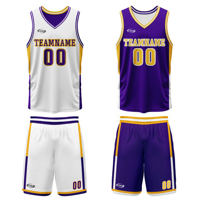 Benutzerdefinierte Weiß Lila Gelb Reversible Basketball Jersey Personalisierte Drucken Name Nummer Logo